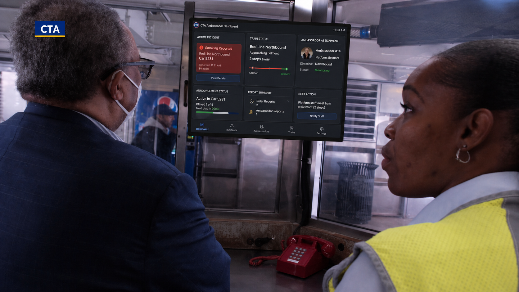 CTA staff reviewing an active ambassador incident dashboard on a mounted display