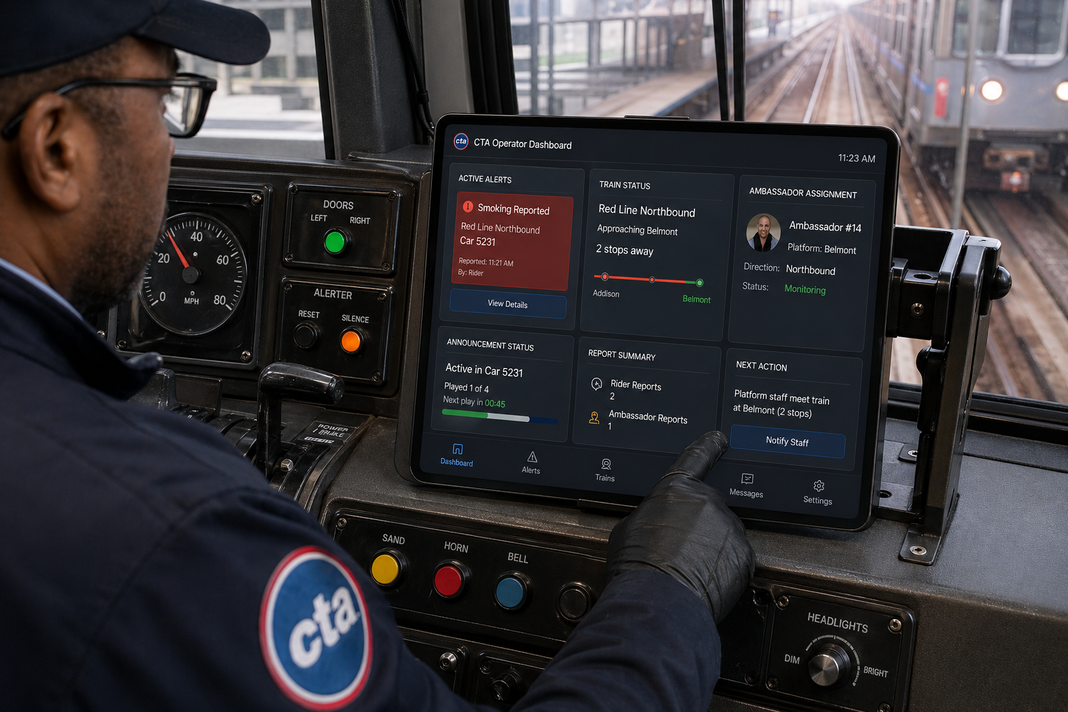 Train operator using a docked CTA operator dashboard inside the cab